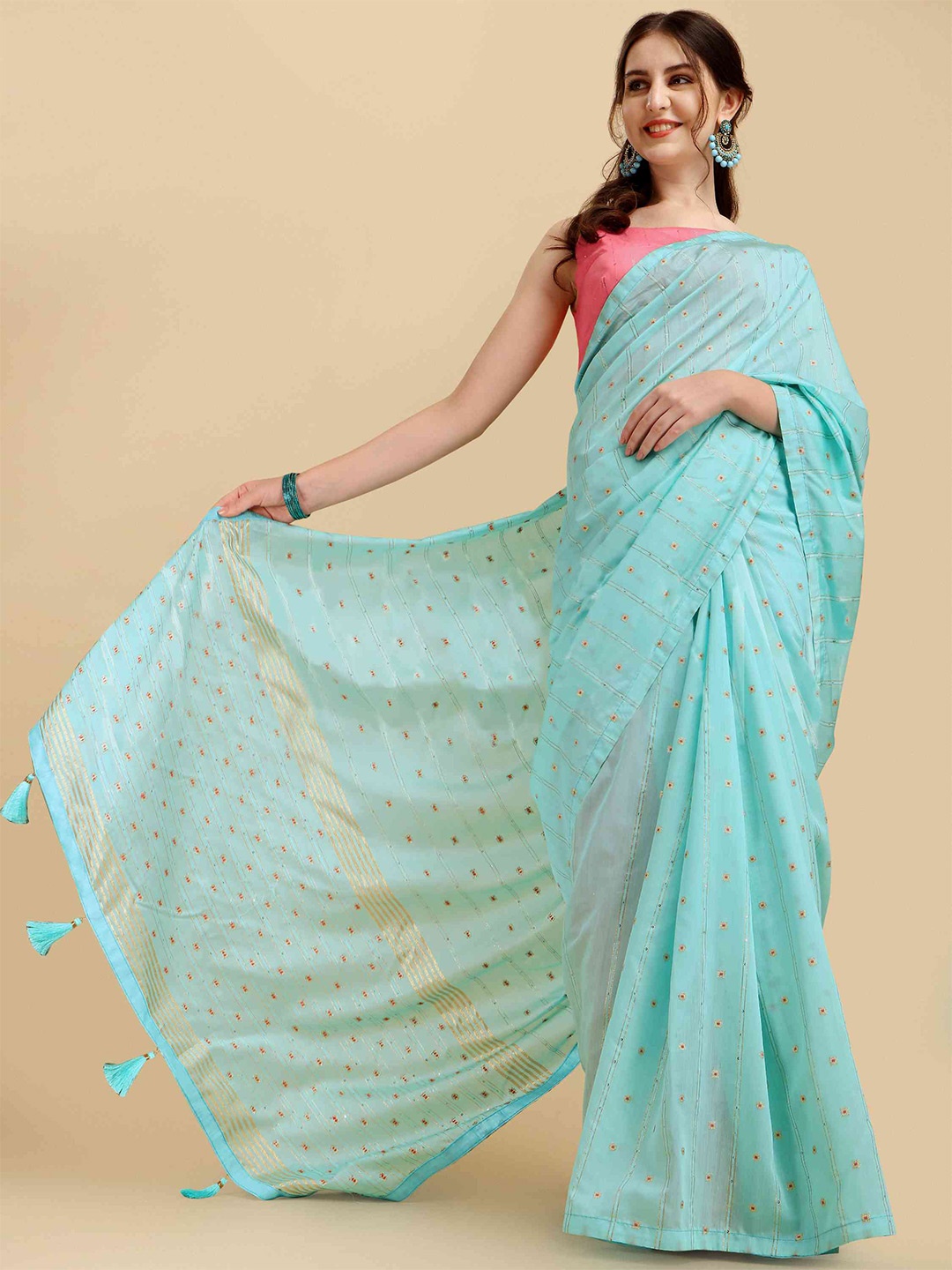 

elora Ethnic Motifs Woven Design Sequinned Bhagalpuri Saree, Turquoise blue