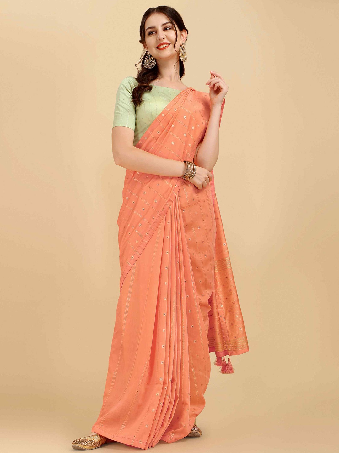

elora Ethnic Motifs Woven Design Sequinned Bhagalpuri Saree, Peach