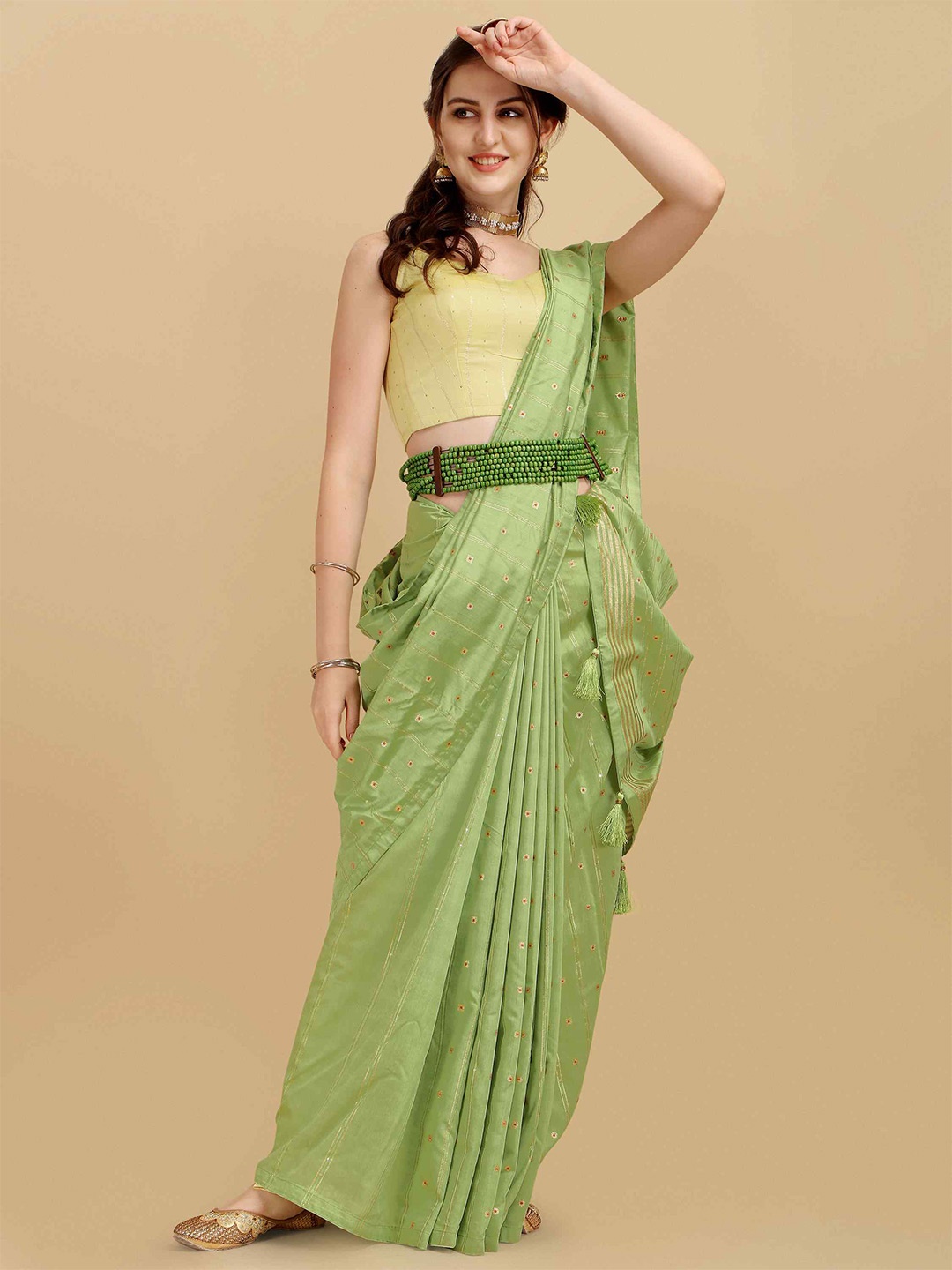 

elora Ethnic Motifs Woven Design Sequinned Bhagalpuri Saree, Green