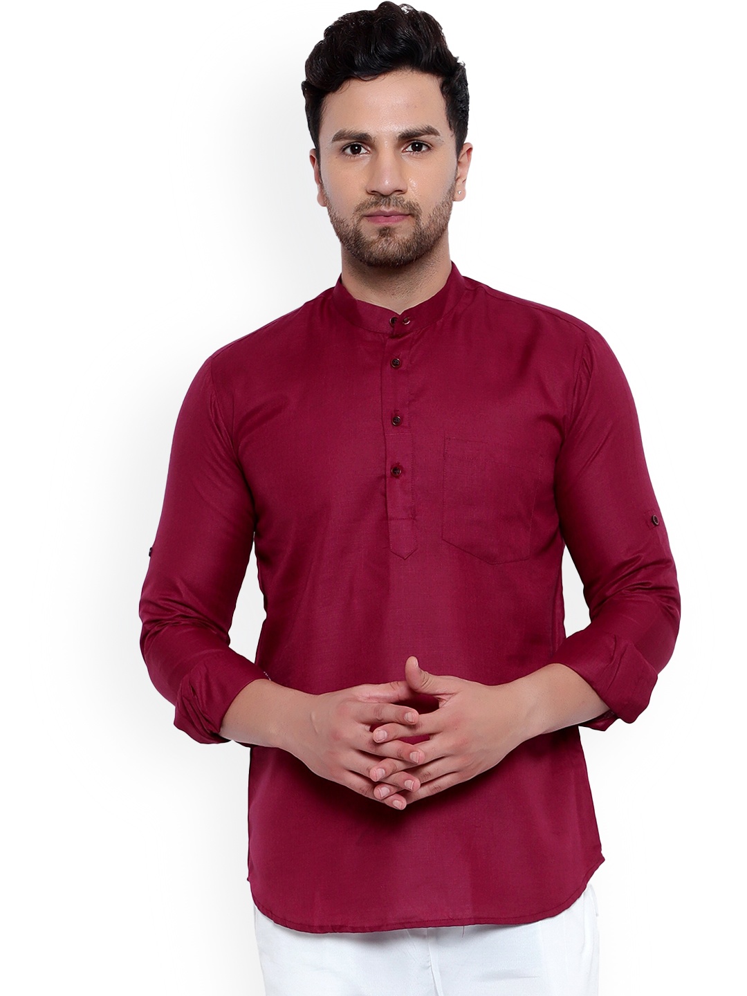 

ONNIX Band Collar Roll-Up Sleeves Cotton Short Kurta, Maroon