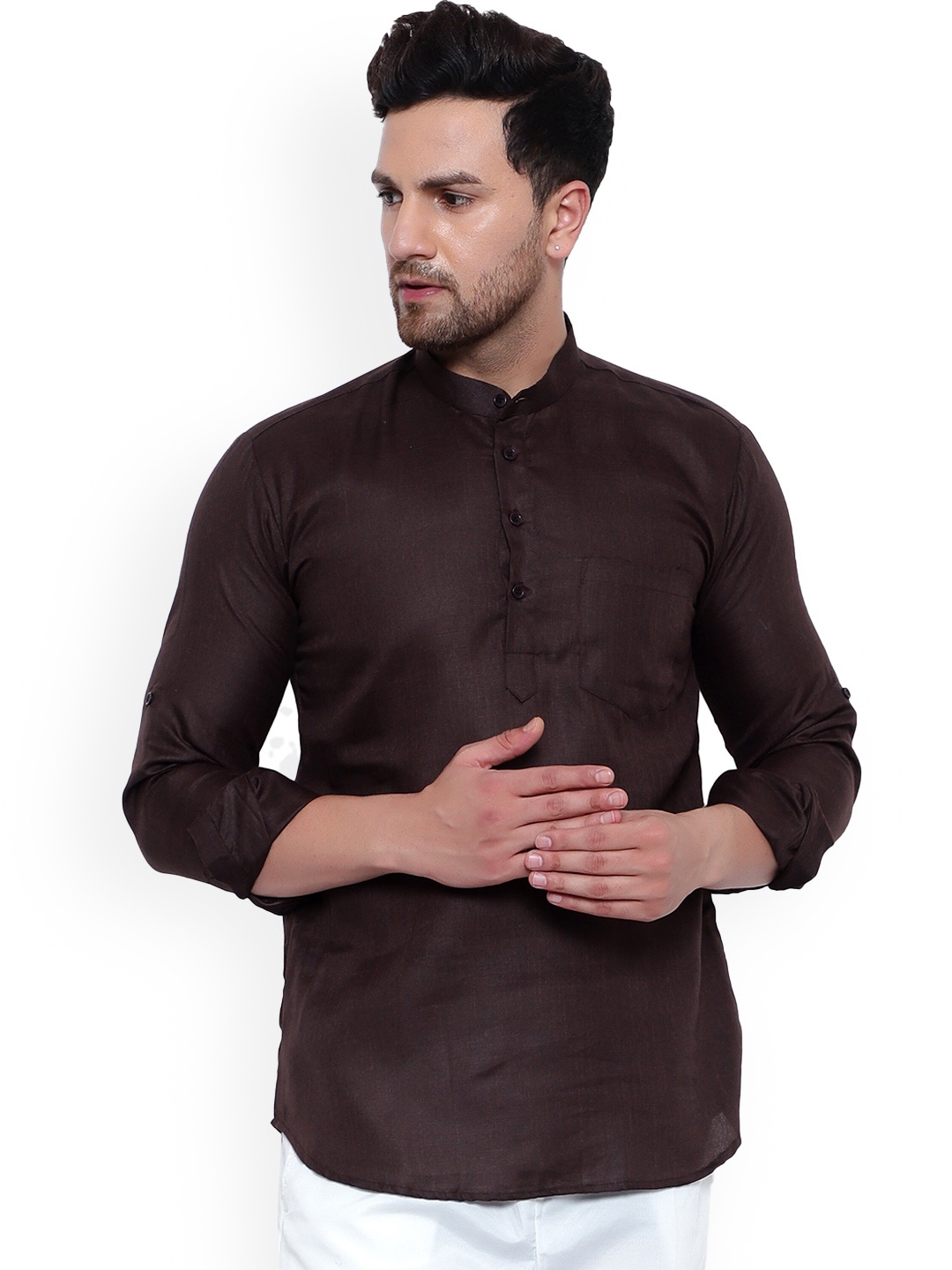 

ONNIX Mandarin Collar Straight Kurta, Brown