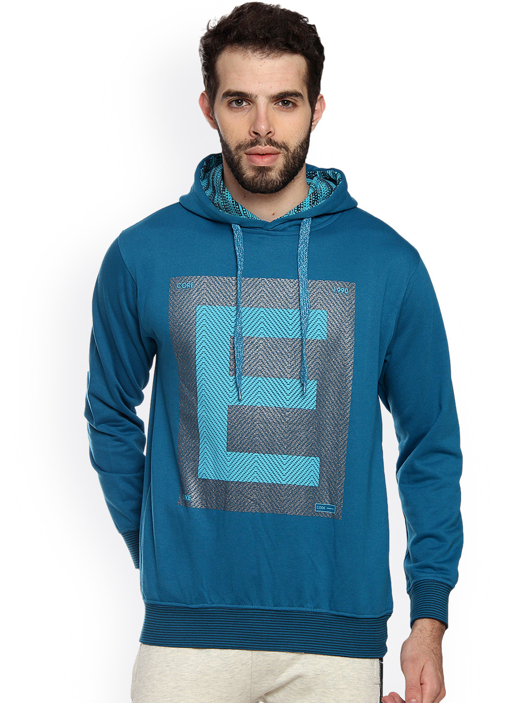

Duke Men Blue Printed Hooded Sweatshirt