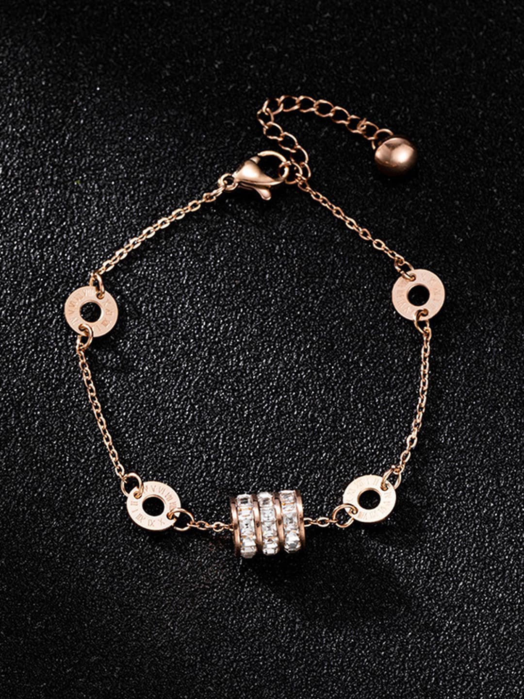 

Jewels Galaxy Women Rose Gold-Plated Cubic Zirconia Spherical & Roman Charm Link Bracelet