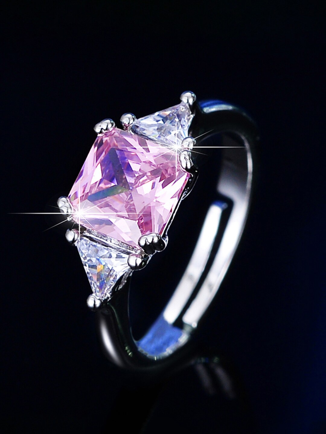 

Jewels Galaxy Silver-Plated American Diamond Studded Adjustable Finger Ring, Pink