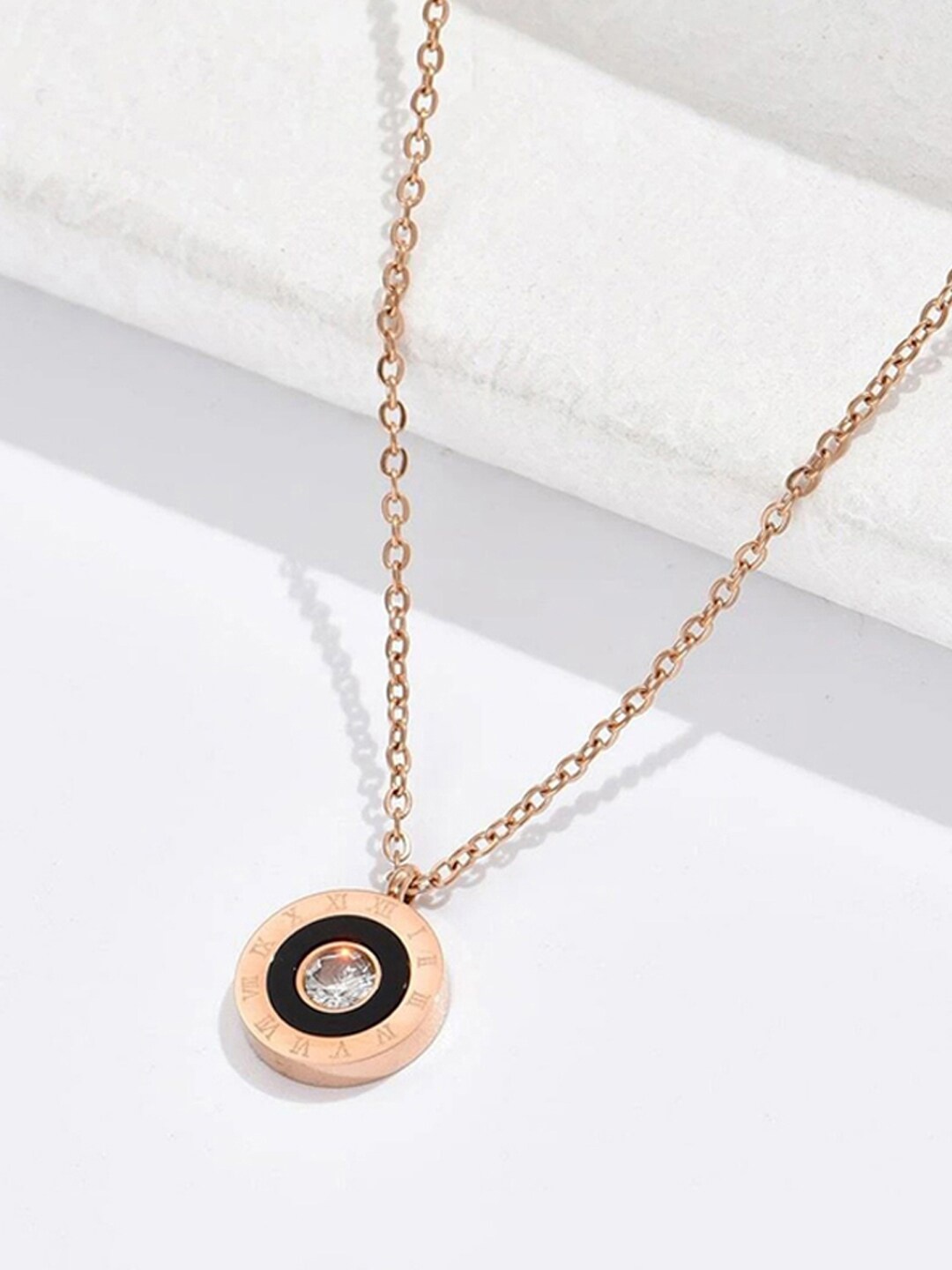 

Jewels Galaxy Rose Gold-Plated Roman Numerals CZ-Studded Pendant With Chain