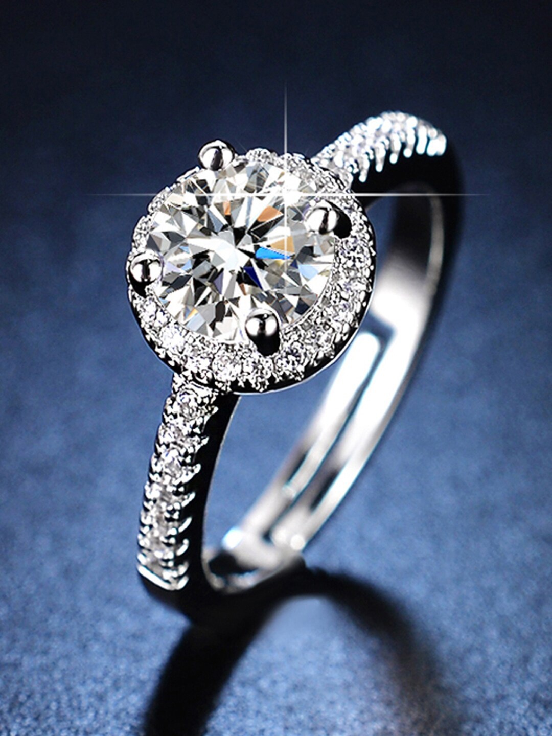 

Jewels Galaxy Silver-Plated American Diamond-Studded Adjustable Finger Ring