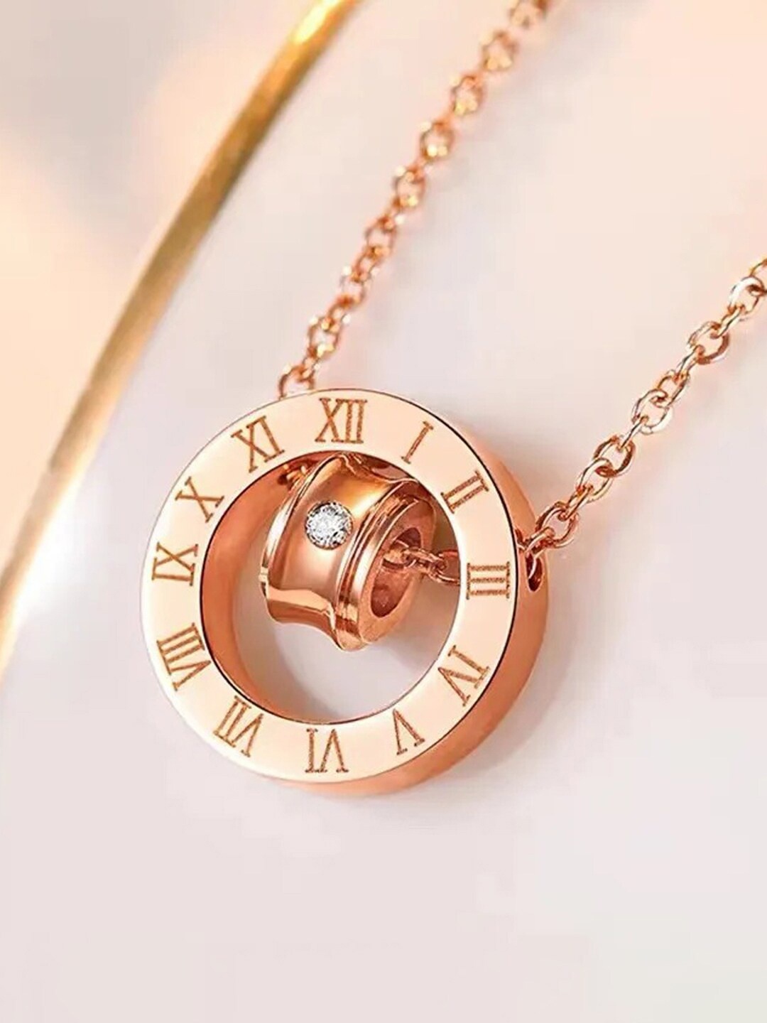 

Jewels Galaxy Rose Gold-Plated CZ-Studded Roman Numerals Pendant With Chain