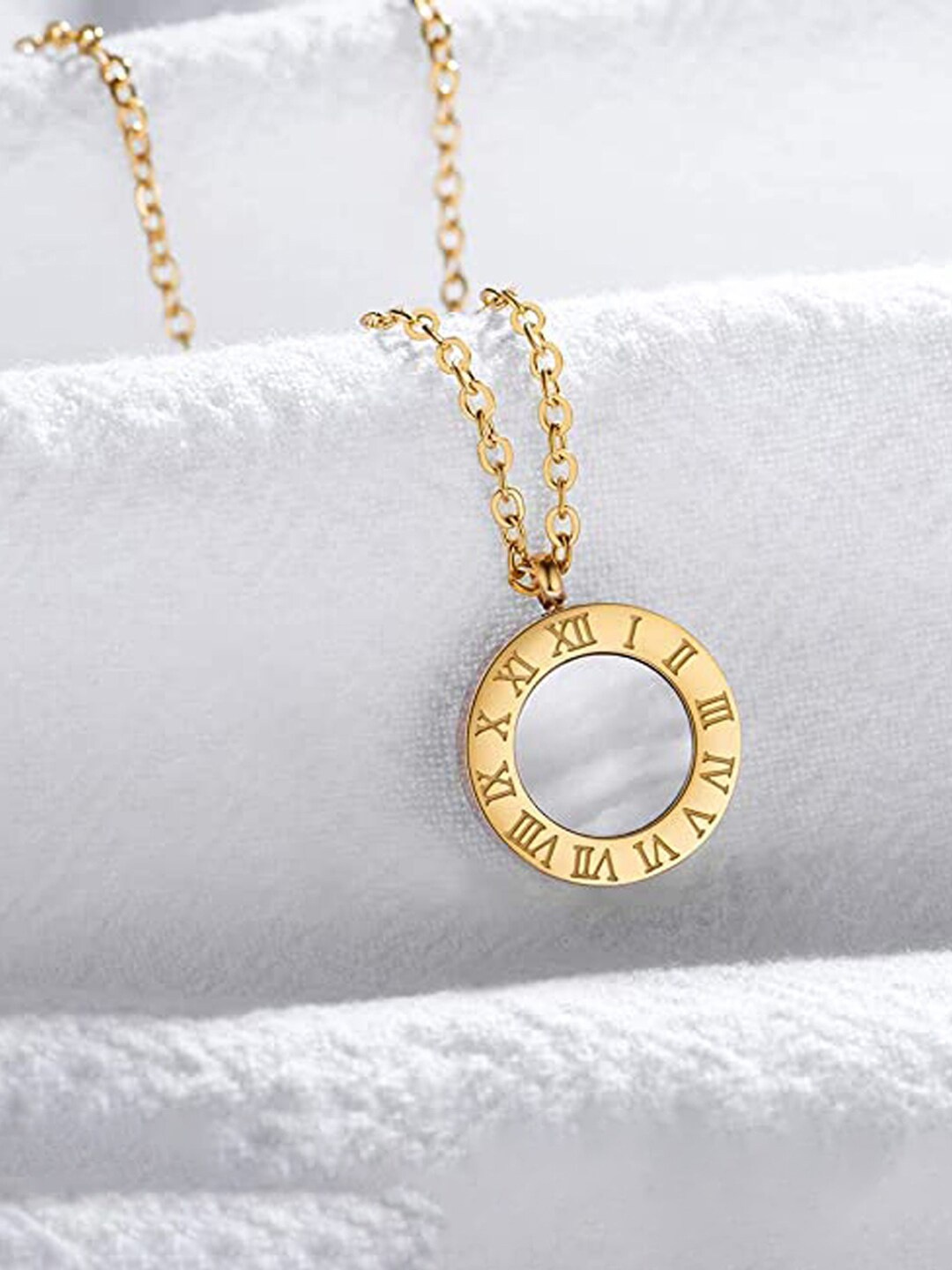 

Jewels Galaxy Gold-Plated CZ-Studded Roman Numerals Pendant With Chain