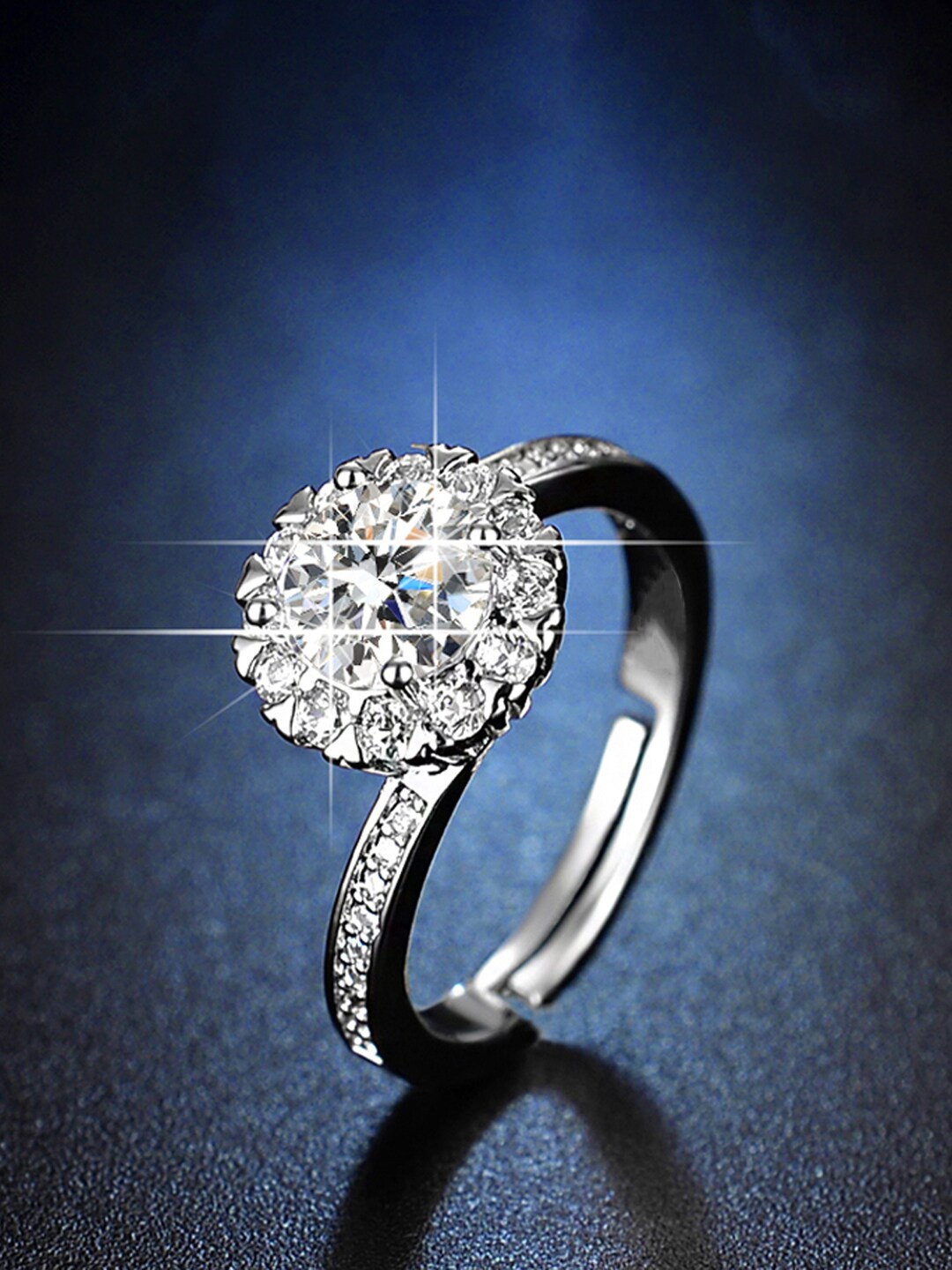 

Jewels Galaxy Silver-Plated American Diamond-Studded Adjustable Finger Ring