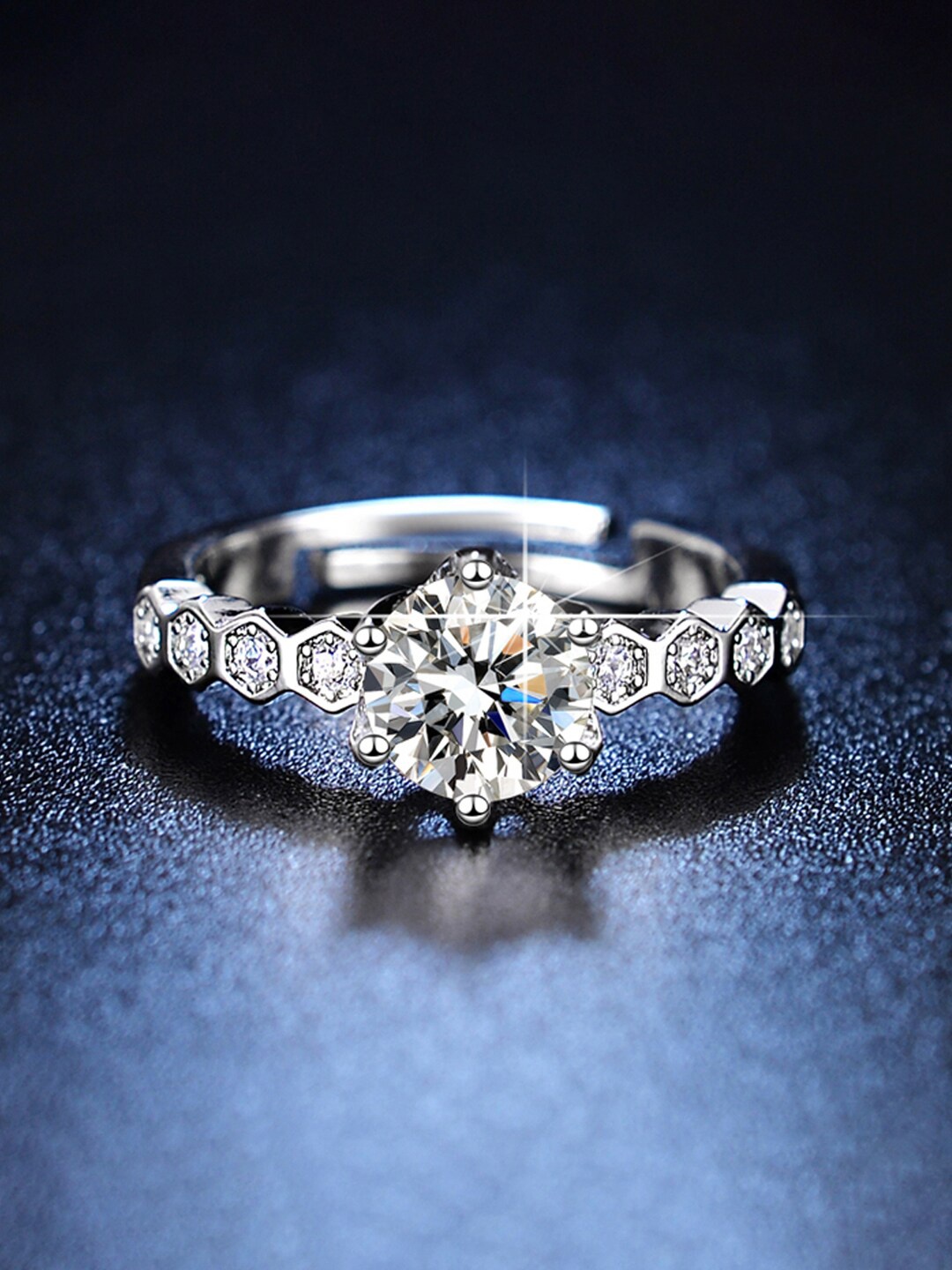 

Jewels Galaxy Silver-Plated American Diamond-Studded Adjustable Finger Ring