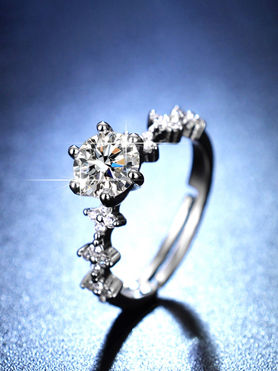 

Jewels Galaxy Silver-Plated American Diamond Studded Adjustable Finger Ring