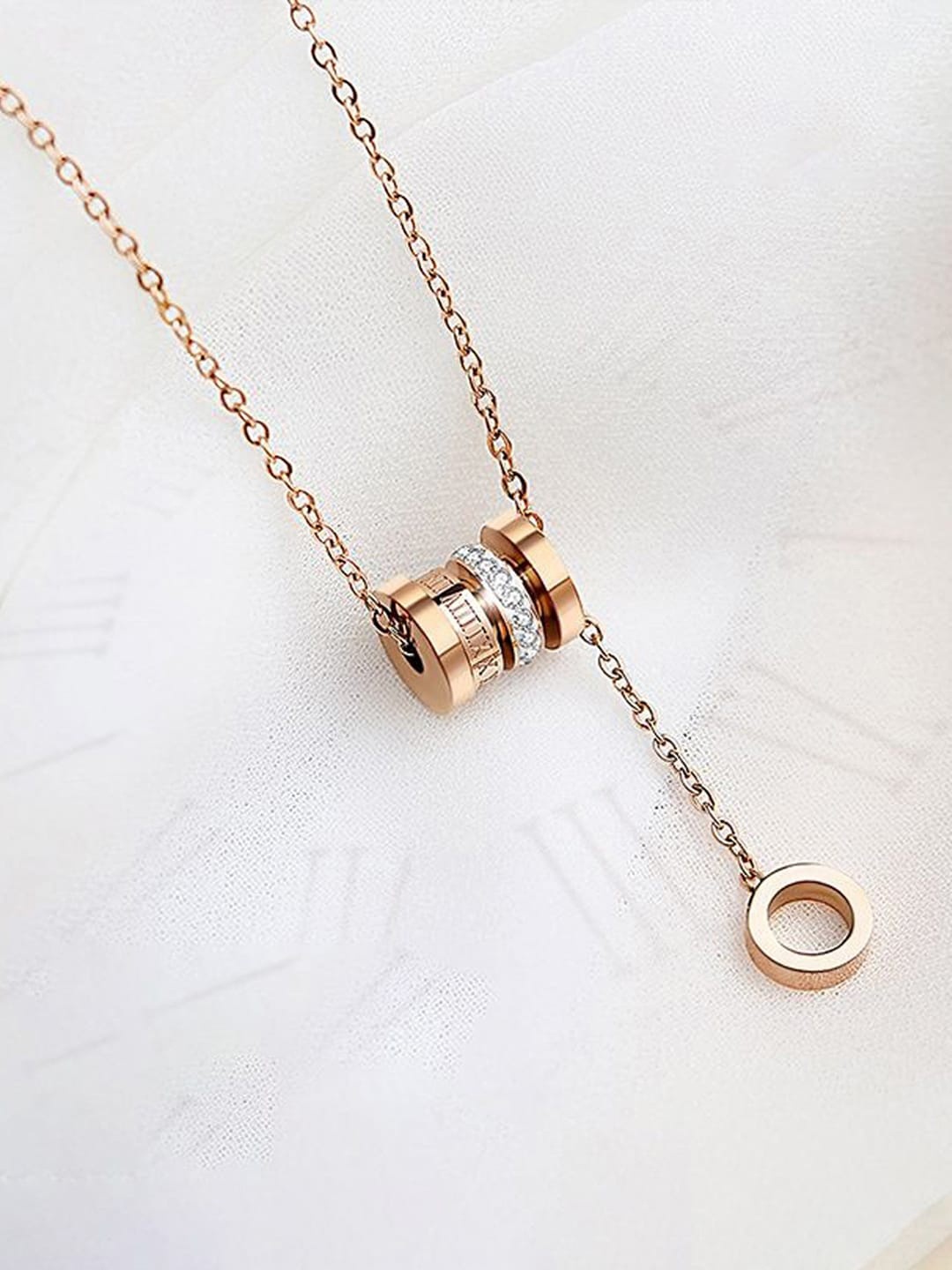 

Jewels Galaxy Rose Gold-Plated Cubic Zirconia Studded Pendant With Hanging Loop & Chain