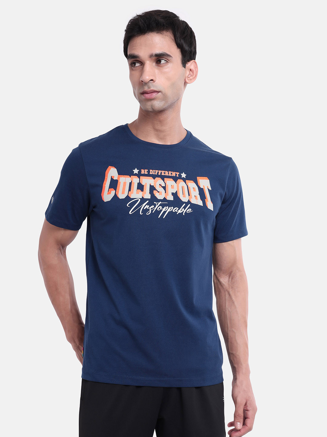 

Cultsport Typographic Printed Regular Fit Lightweight Cotton Training Sports T-Shirt, Navy blue