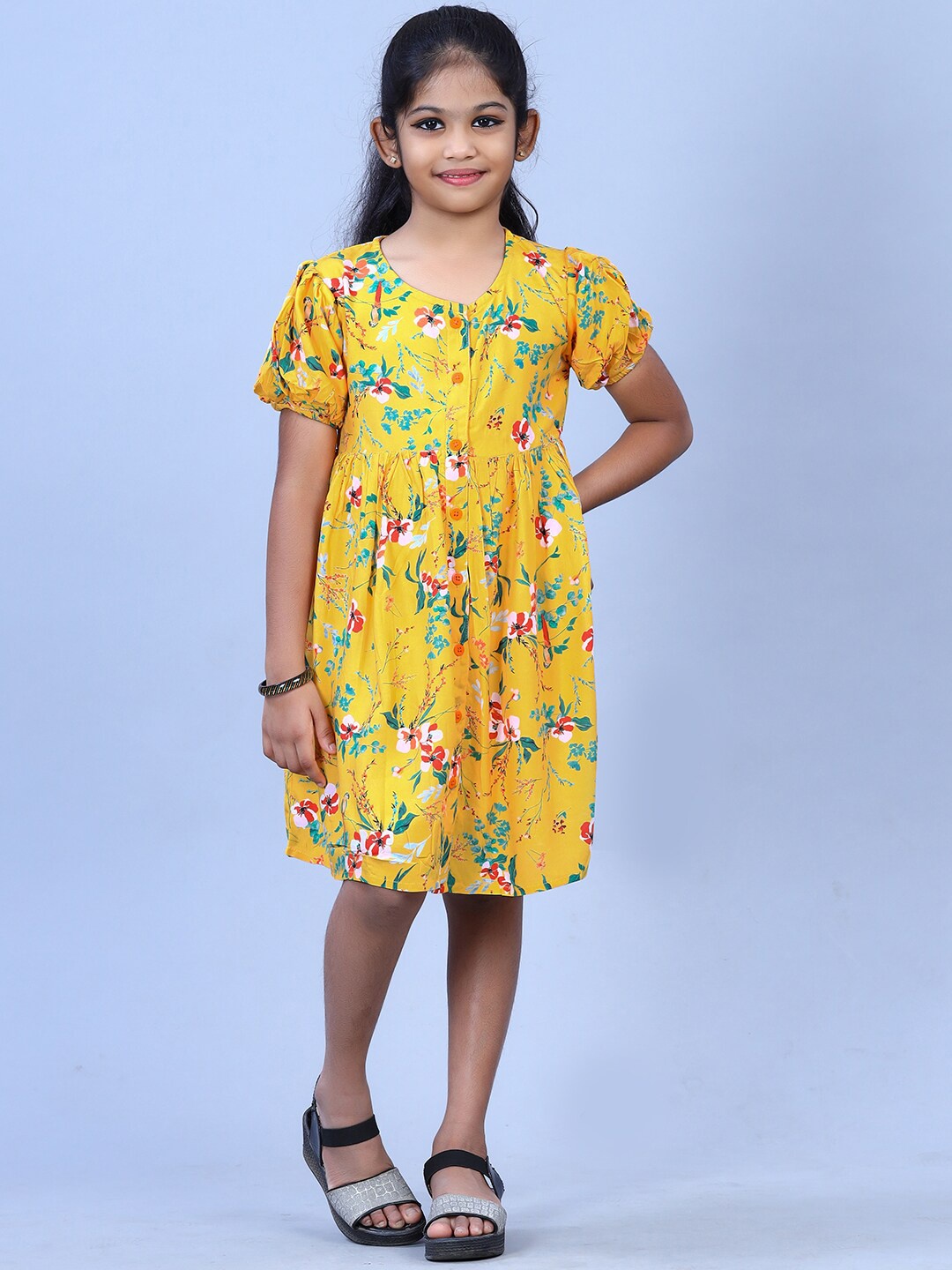 

ZION Girls Floral Printed Fit & Flare Dress, Yellow