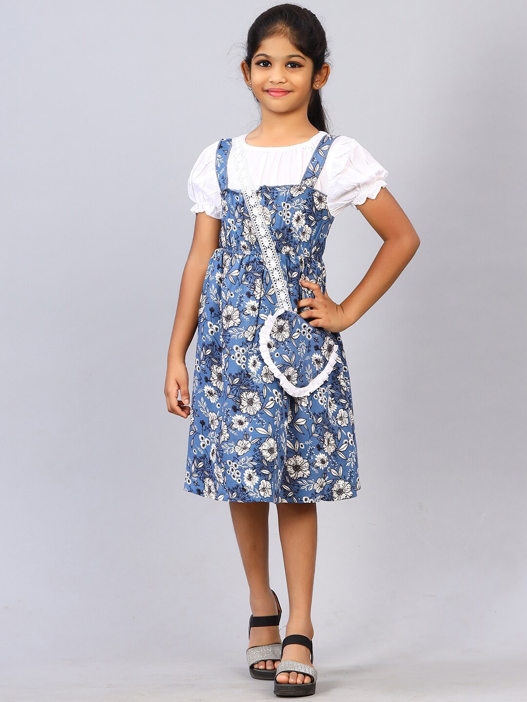 

ZION Girls Floral Printed Pinafore Dress, Navy blue