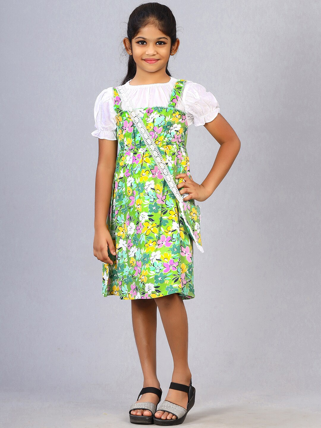 

ZION Girls Floral Printed Pinafore Dress, Green