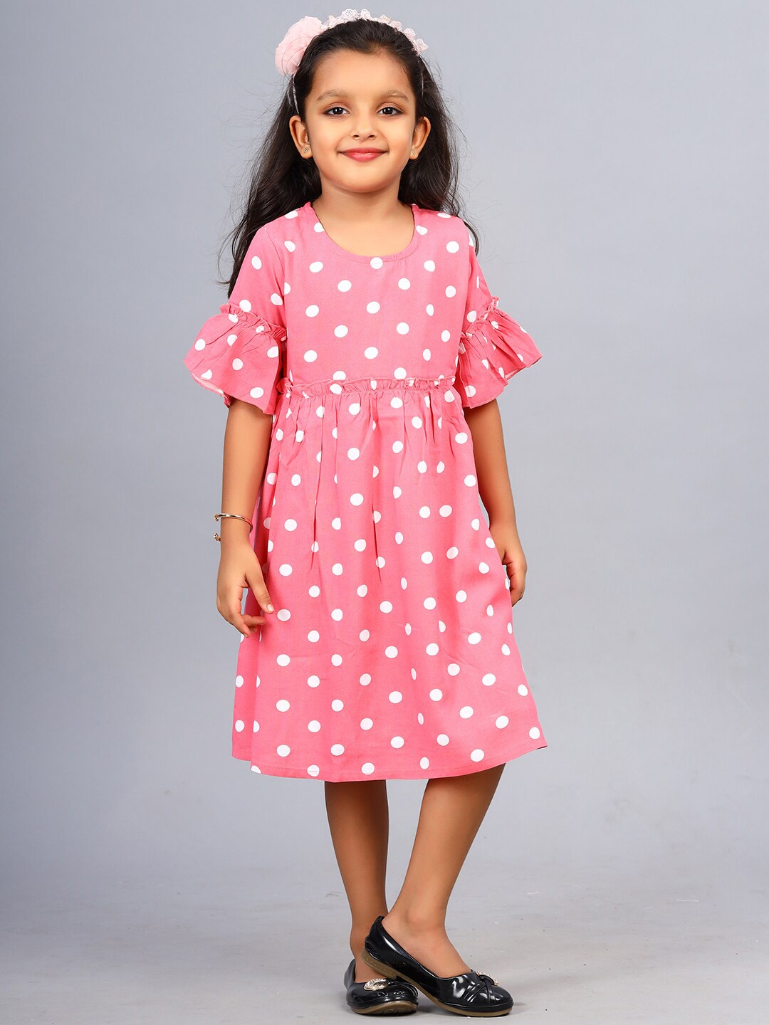 

ZION Girls Polka Dot Print Bell Sleeve A-Line Midi Dress, Pink