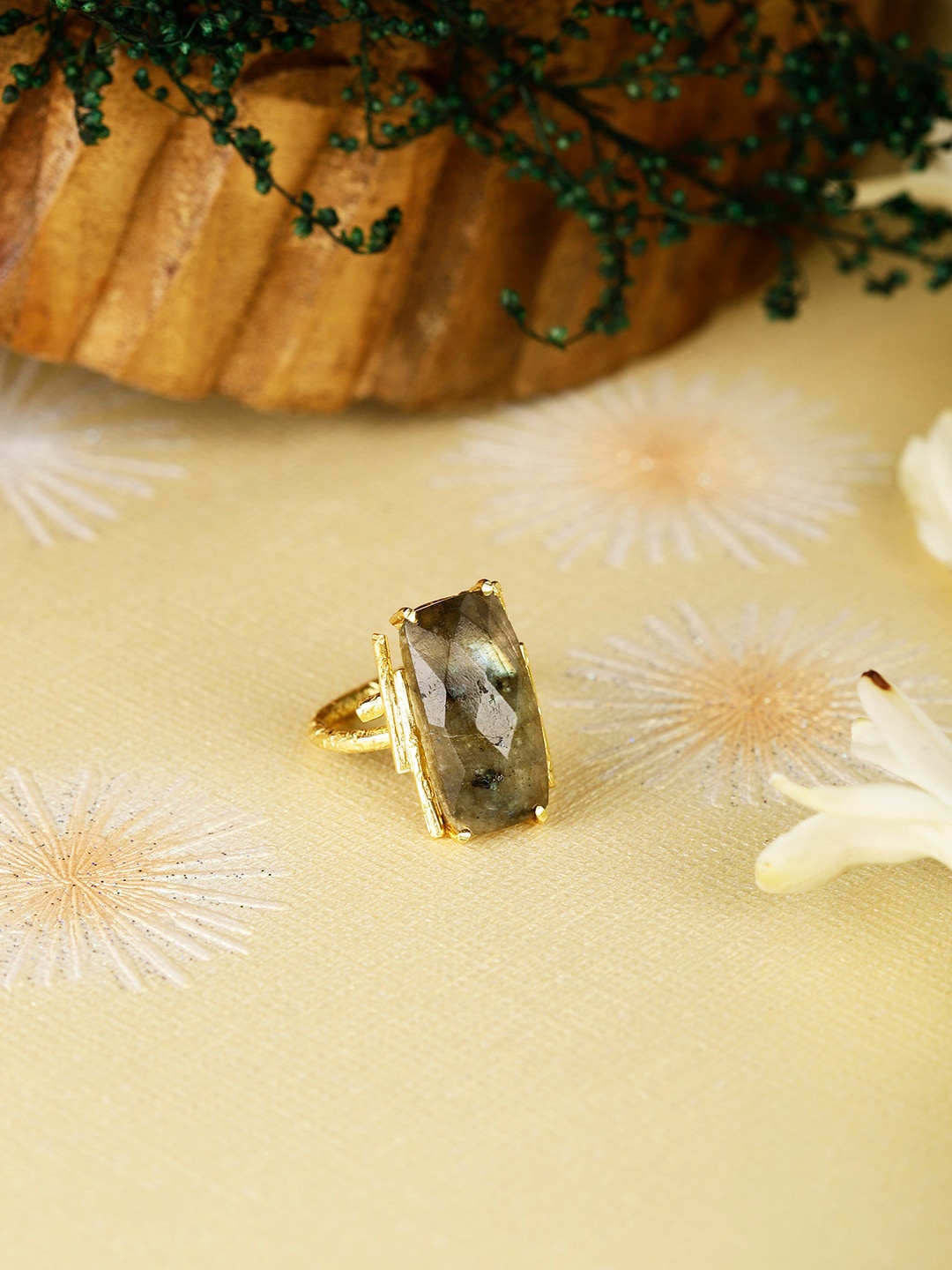 

Berserk Gold Plated Baguette Labradorite Stone Studded Adjustable Finger Ring