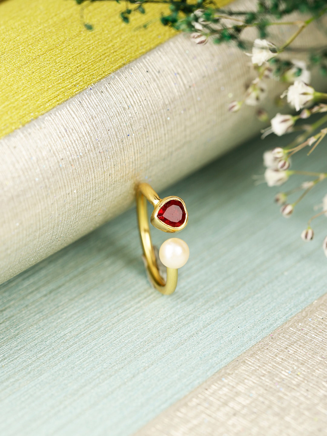 

Berserk Gold Plated Garnet Pearl Beaded Adjustable Finger Ring