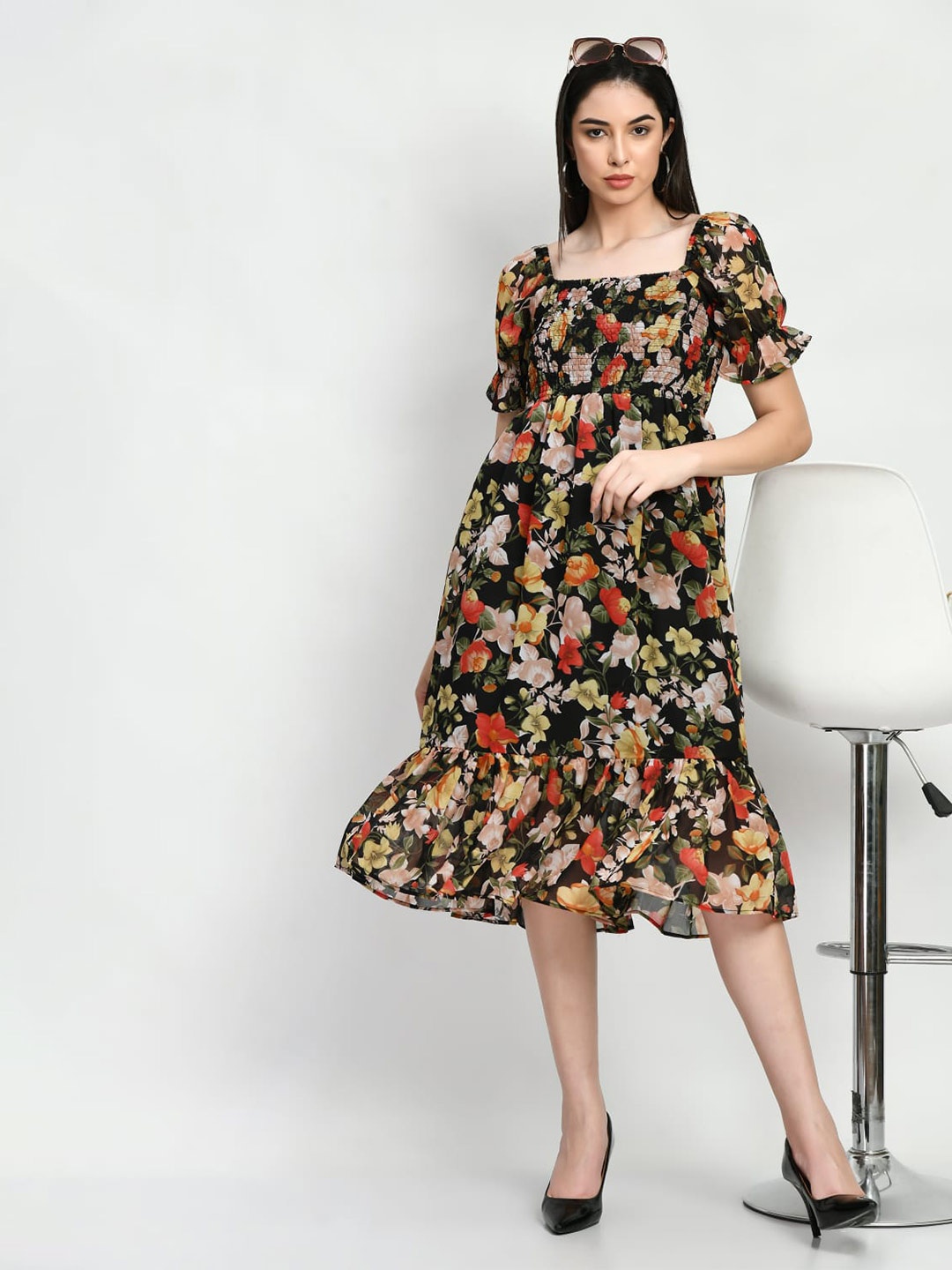 

Shiva Trends Floral Printed Sqaure Neck Puffed Sleeves Smocked Georgette Fit & Flare Dress, Black