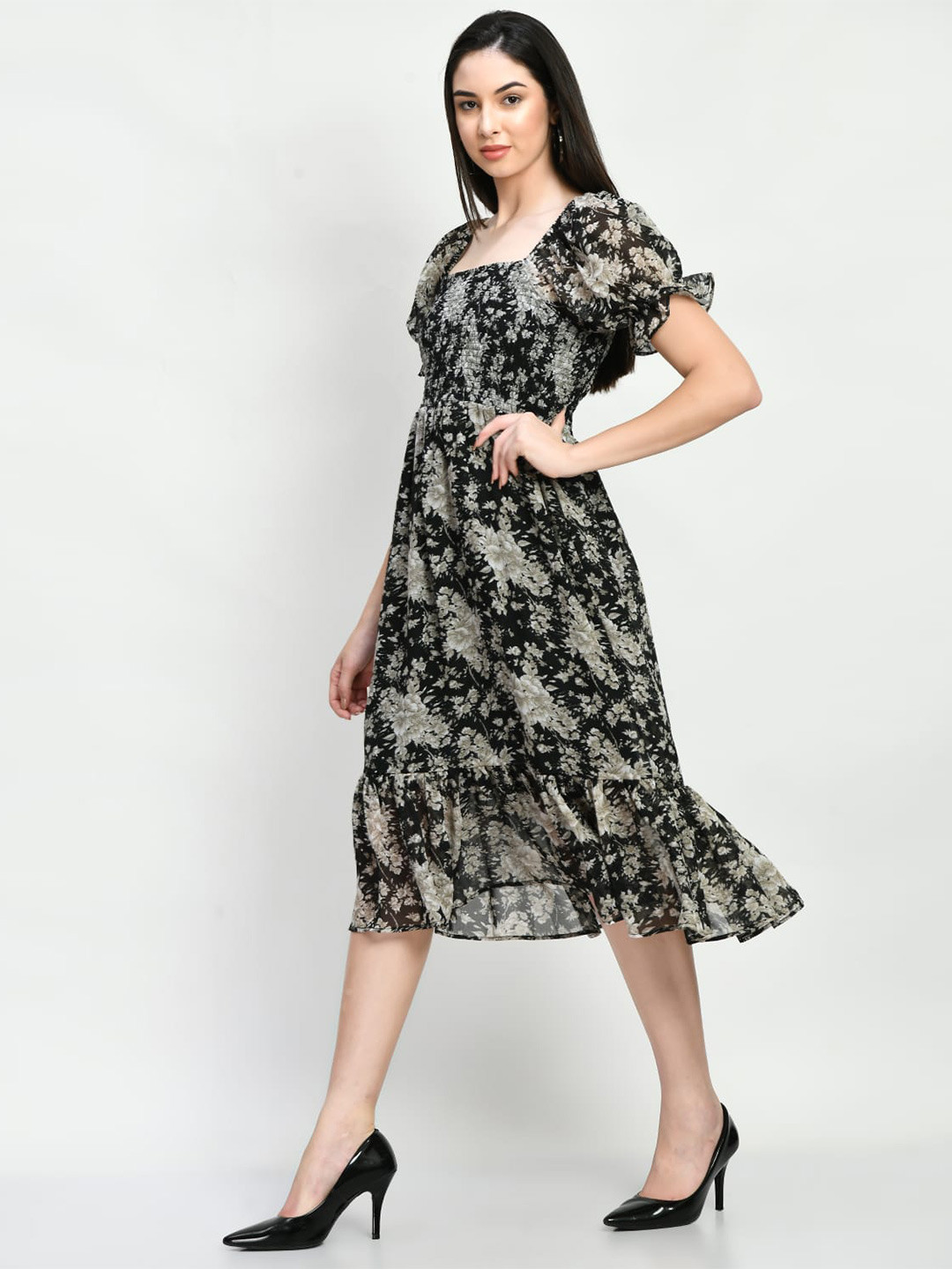 

Shiva Trends Floral Printed Sqaure Neck Puffed Sleeves Smocked Georgette Fit & Flare Dress, Black
