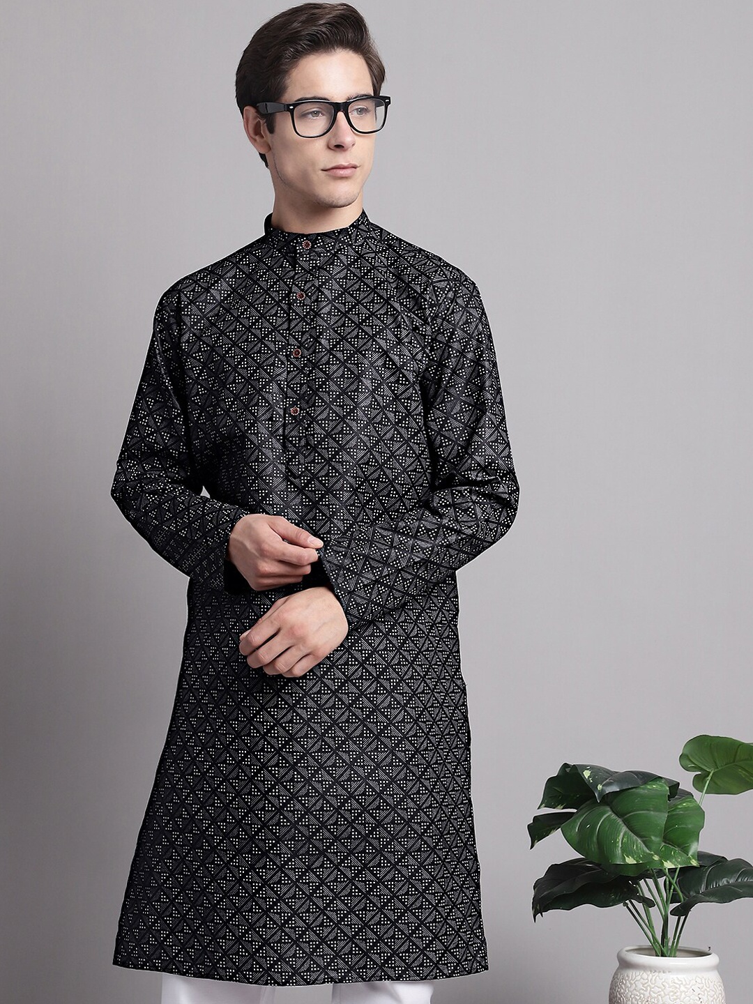 

Jompers Geometric Printed Pure Cotton Kurta With Pyjamas, Black