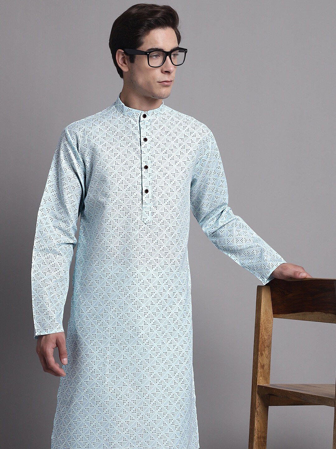 

Jompers Geometric Printed Regular Pure Cotton Kurta With Pyjamas, Turquoise blue