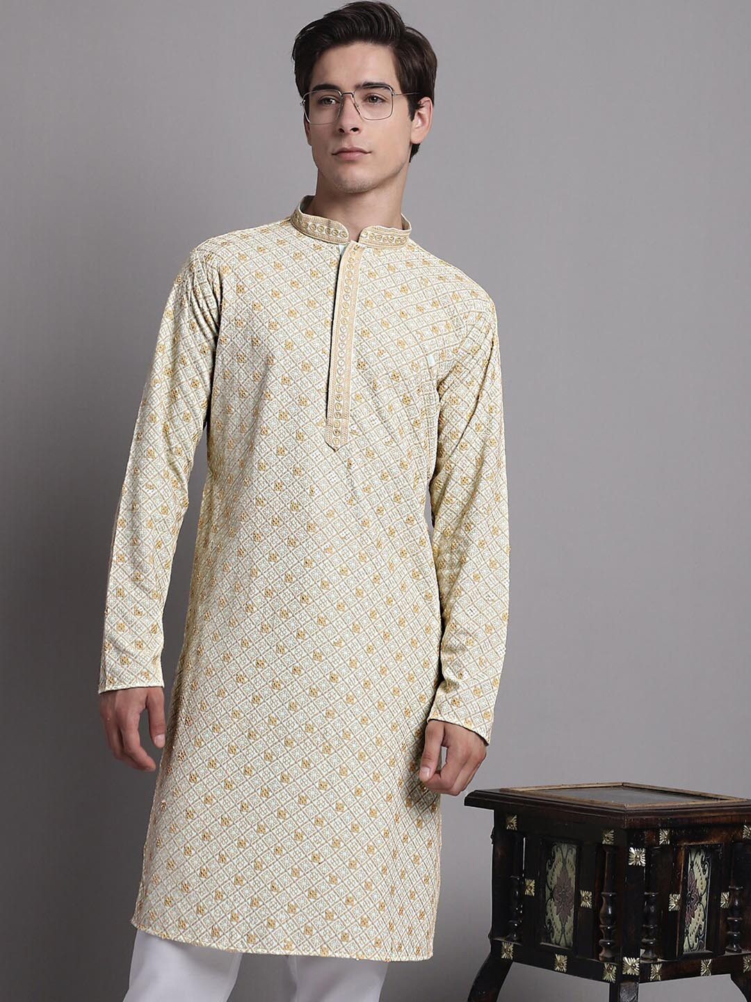 

Jompers Ethnic Motif Embroidered Thread Work Pure Cotton Kurta with Pyjamas, White