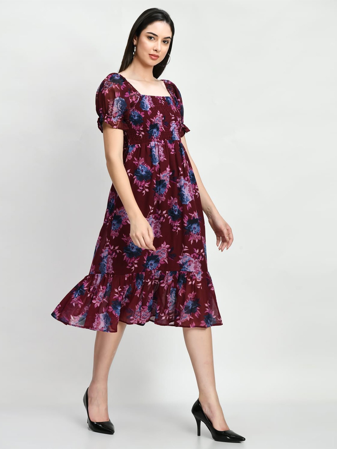 

Shiva Trends Floral Printed Sqaure Neck Puffed Sleeves Smocked Georgette Fit & Flare Dress, Maroon