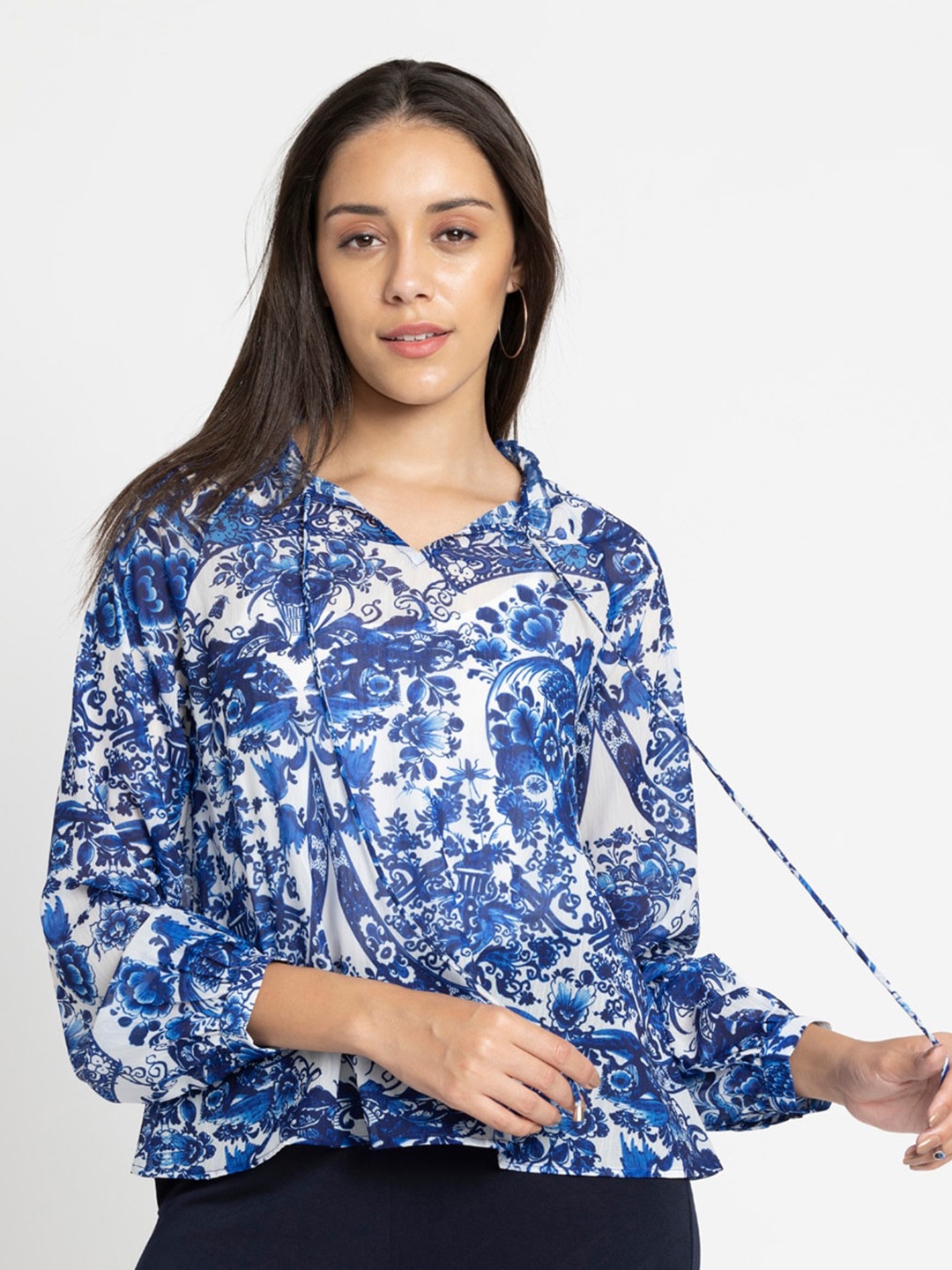 

SHAYE Floral Printed Tie Up Neck Chiffon Top, Blue