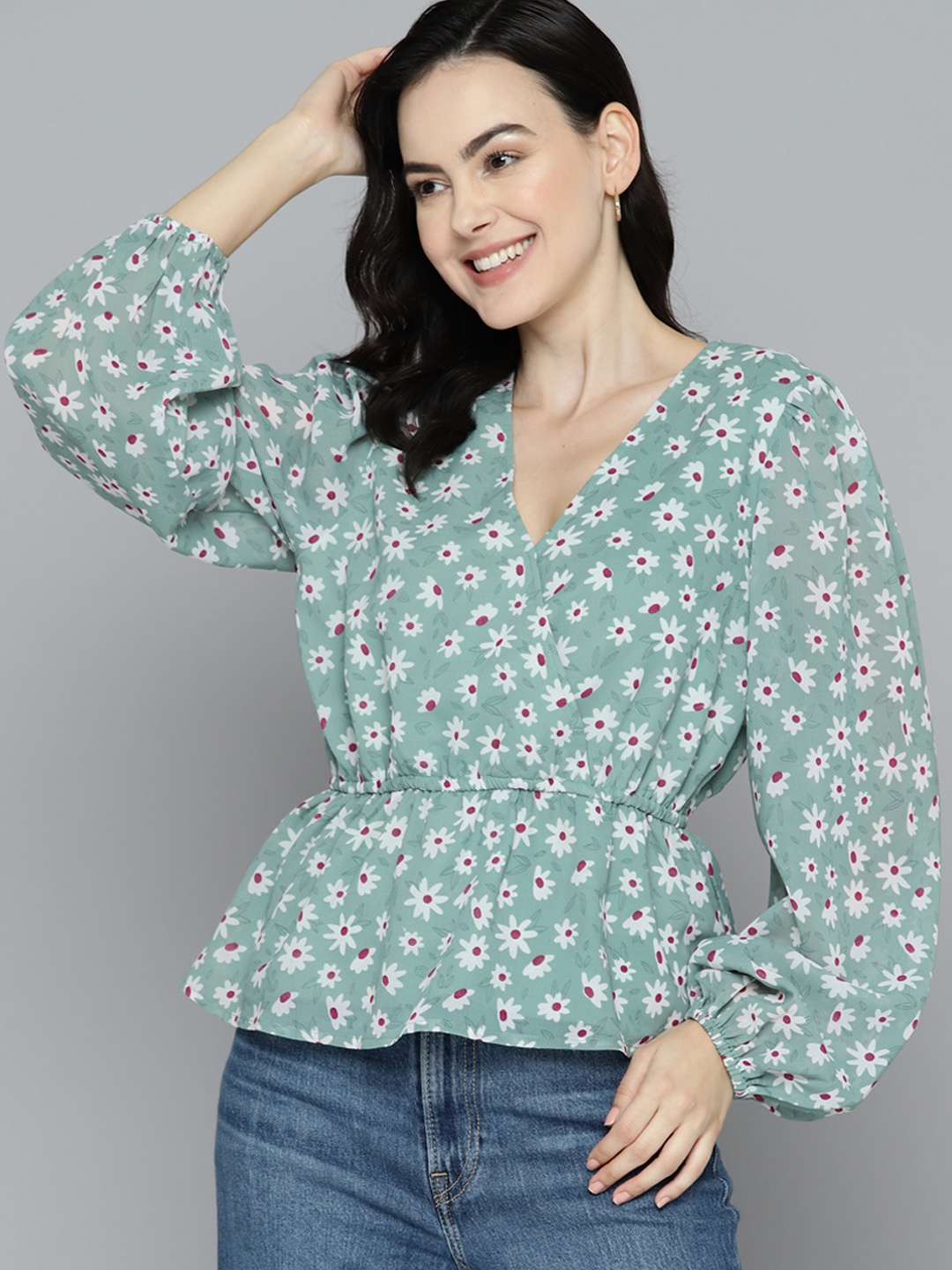 

Mast & Harbour Floral Print Puff Sleeves Georgette Peplum Top, Green