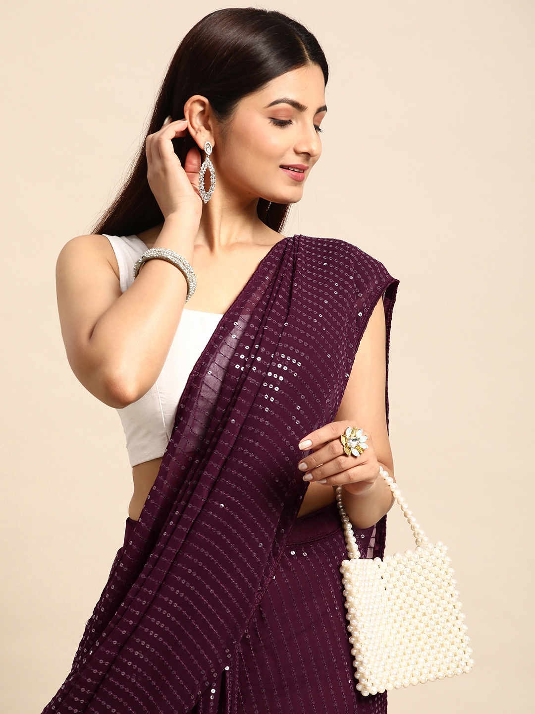 

HERE&NOW Embellished Sequinned Ready to Wear Saree, Burgundy