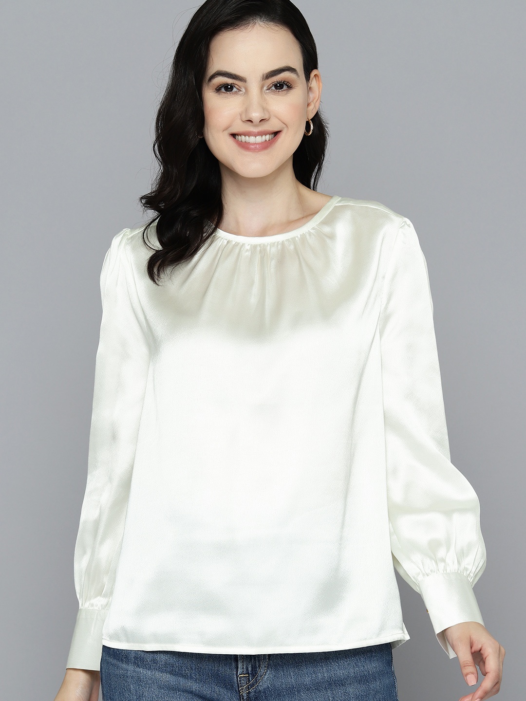 

Mast & Harbour Cuffed Sleeves Satin Top, Off white