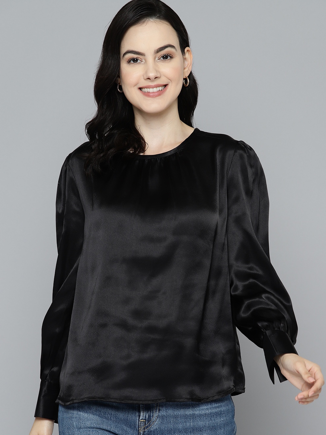 

Mast & Harbour Cuffed Sleeves Satin Top, Black