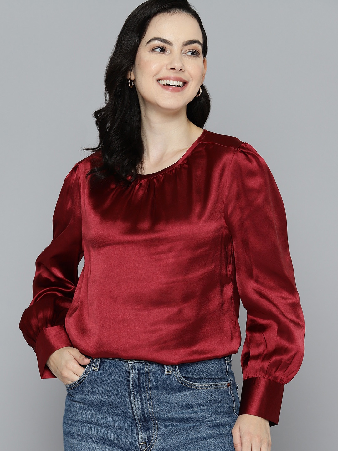 

Mast & Harbour Cuffed Sleeves Satin Top, Maroon