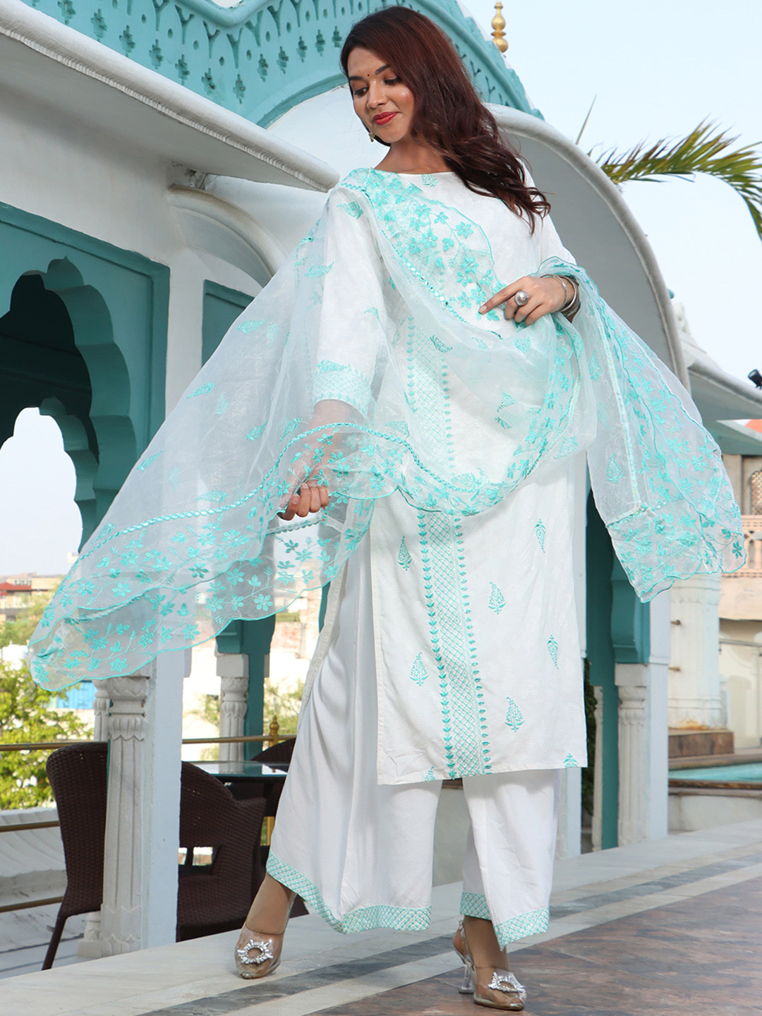 

Sangria Embroidered Kurta With Palazzo & Dupatta, White