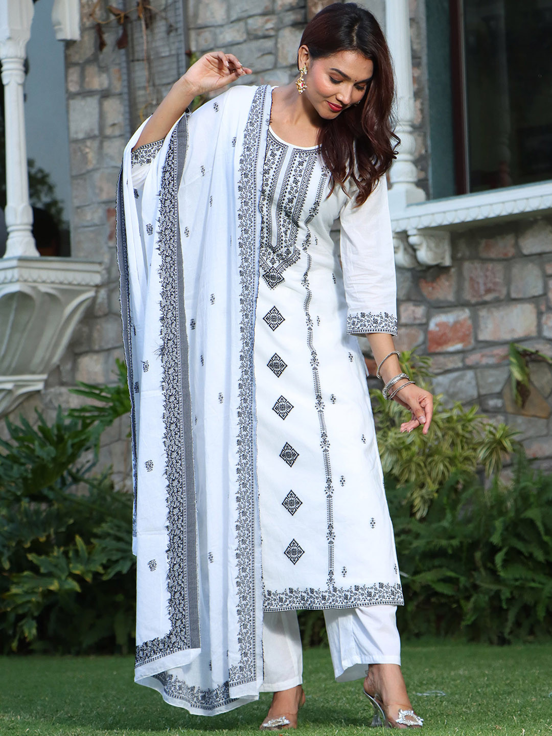 

Sangria Ethnic Motifs Woven Design Pure Cotton Kurta With Palazzo & Dupatta, White