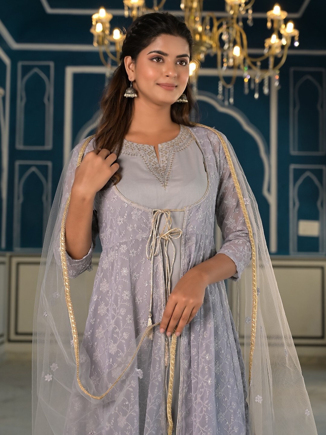 

Sangria Floral Embroidered Sequined A-line Kurta With Palazzos & Jacket & Dupatta, Grey