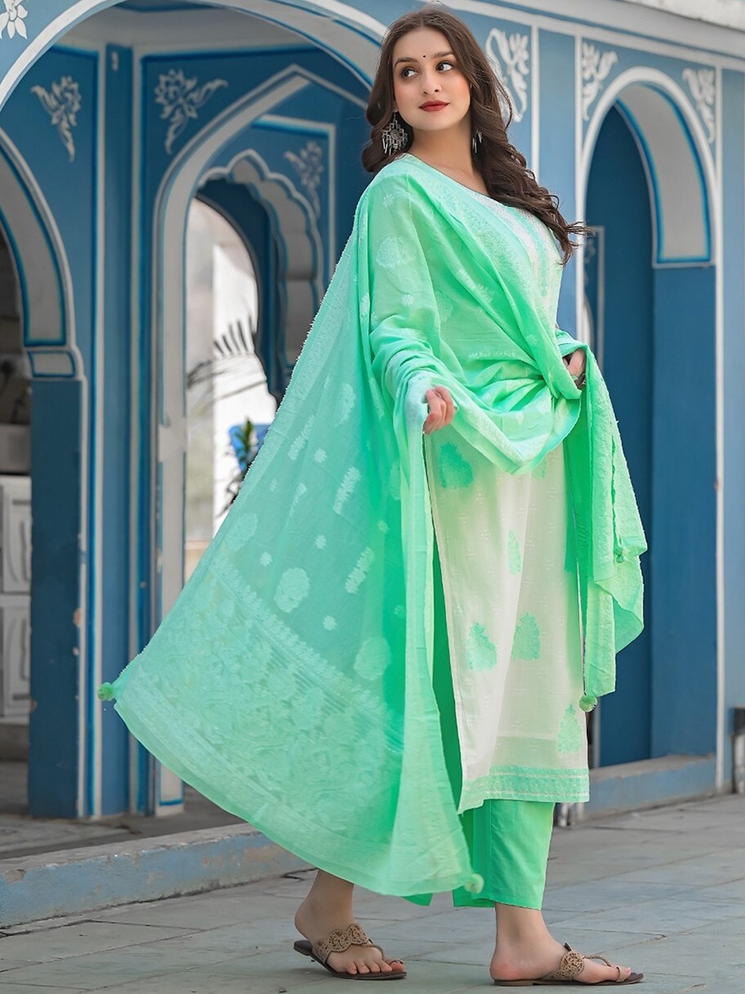 

Sangria Ethnic Motifs Woven Design Straight Kurta With Trousers & Dupatta, White