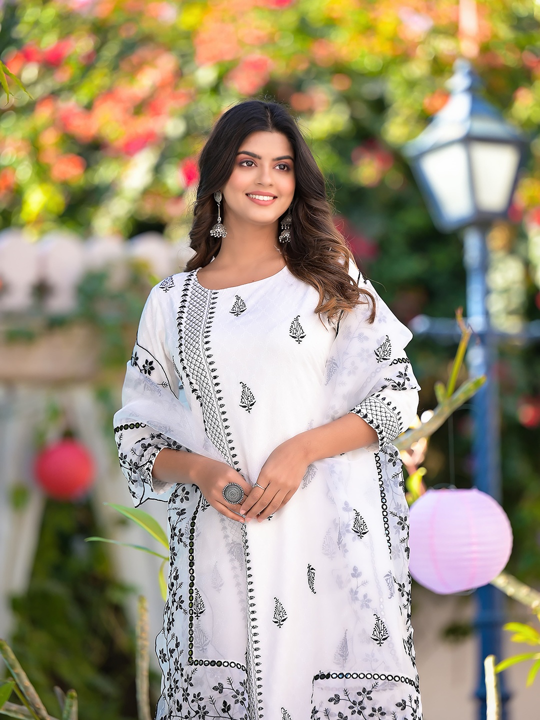 

Sangria Ethnic Motifs Woven Design Kurta With Trousers & Dupatta, White