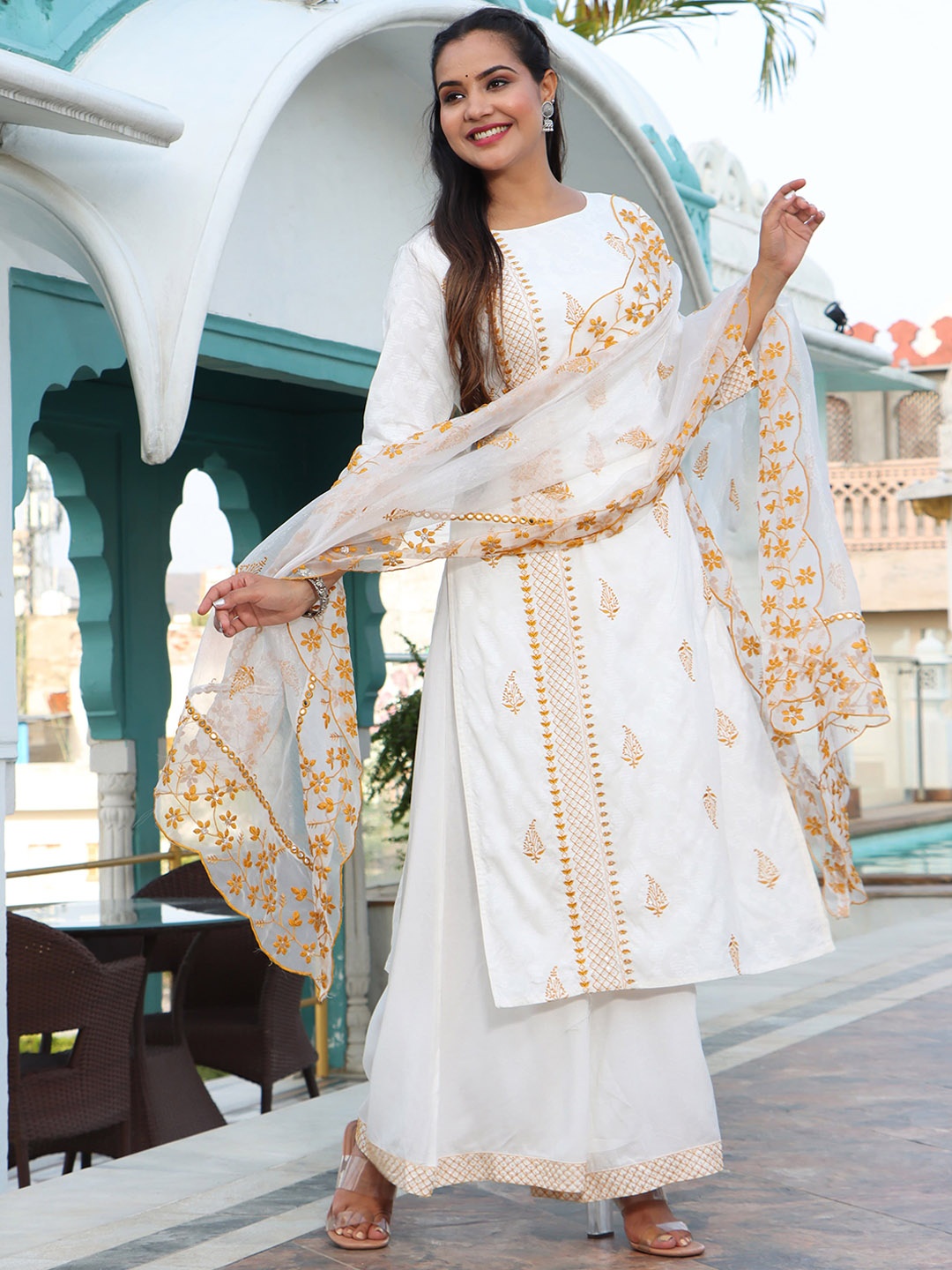 

Sangria Ethnic Motifs Embroidered Kurta With Palazzos & Dupatta, White