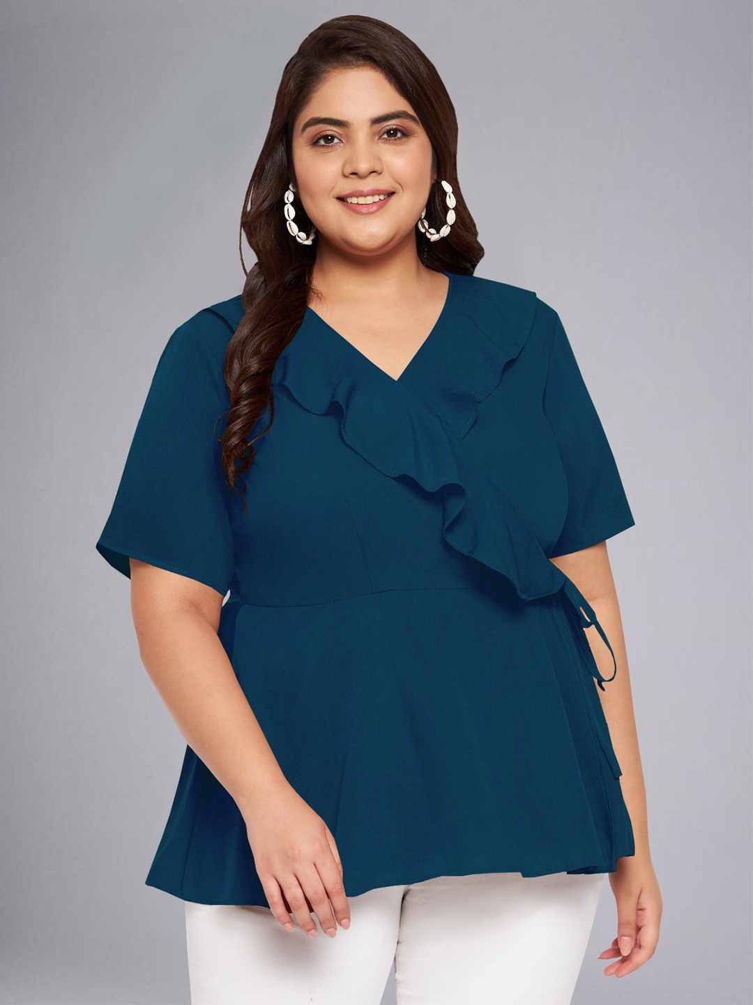 

wild U Plus Size V-Neck Ruffles Crepe Top, Turquoise blue