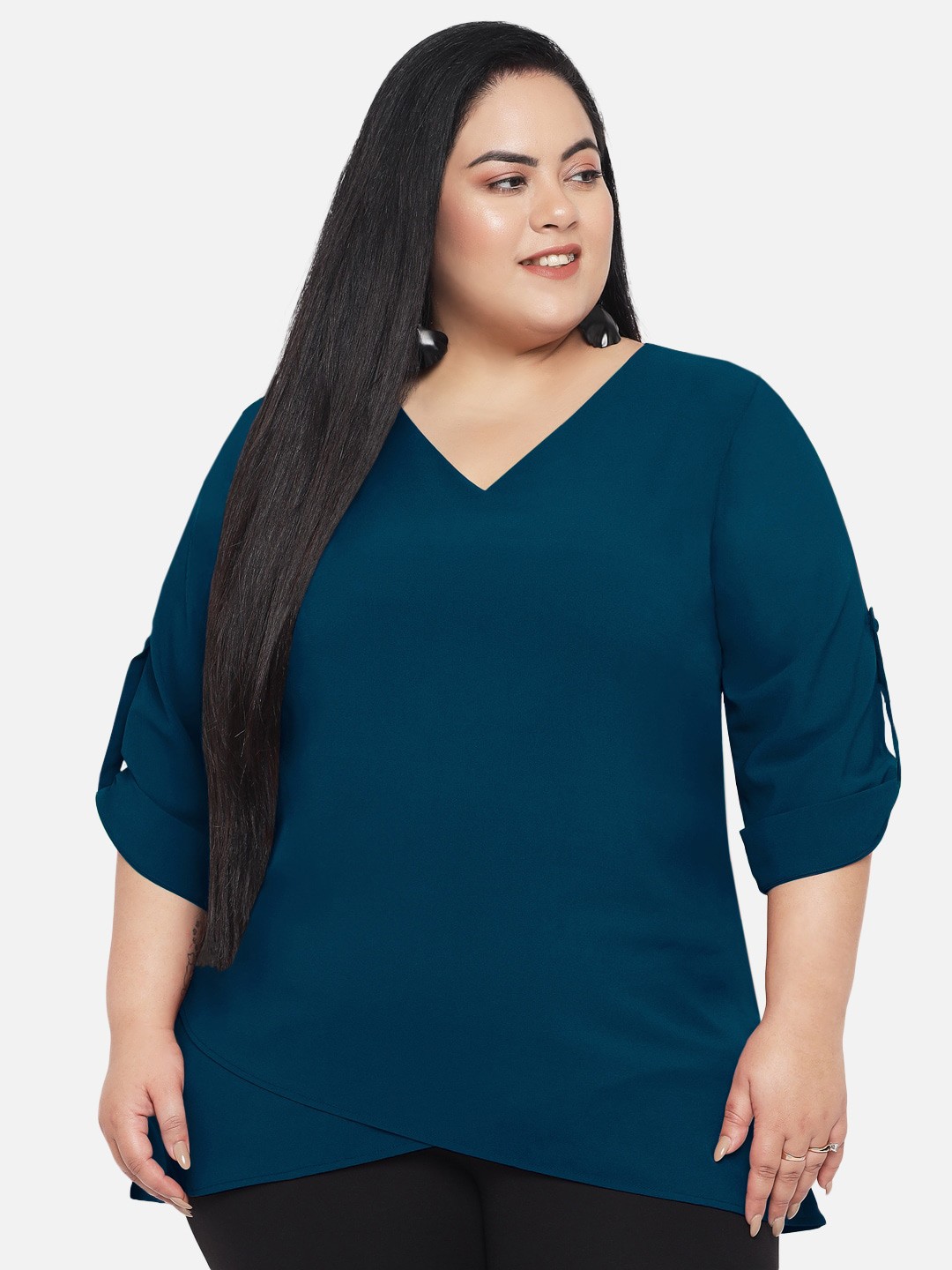 

wild U Turquoise Plus Size Roll-Up Sleeves Layered Crepe Top, Turquoise blue