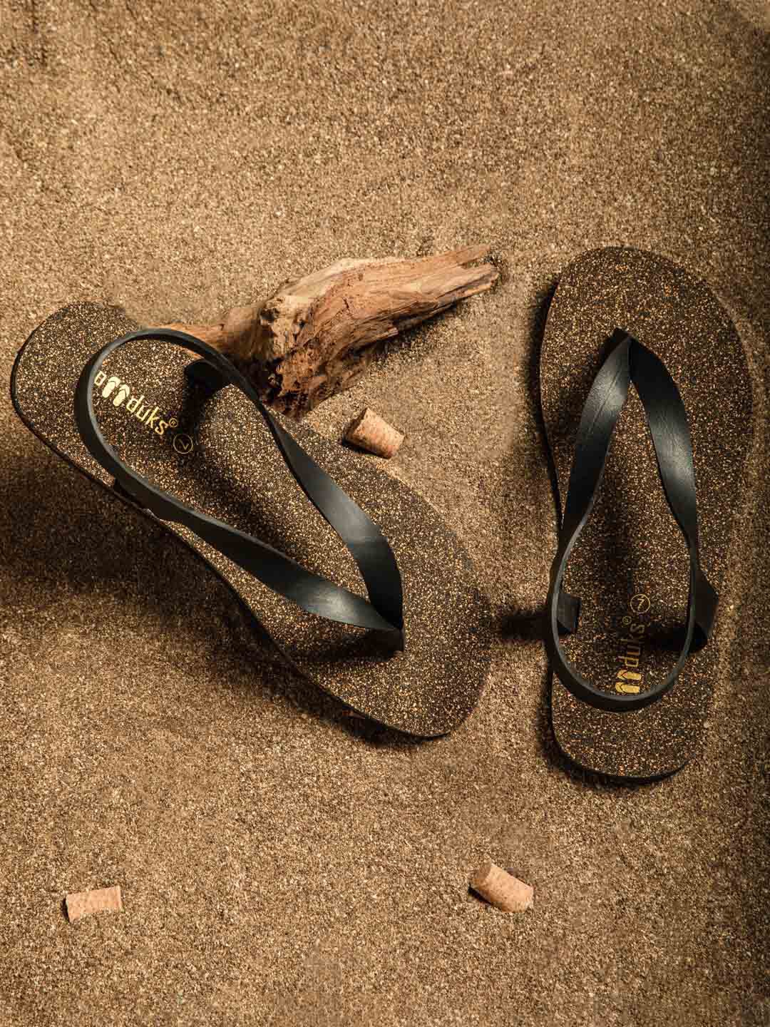 

Paaduks Waterproof Cork Rubber Open Toe Flats With Backstrap, Black