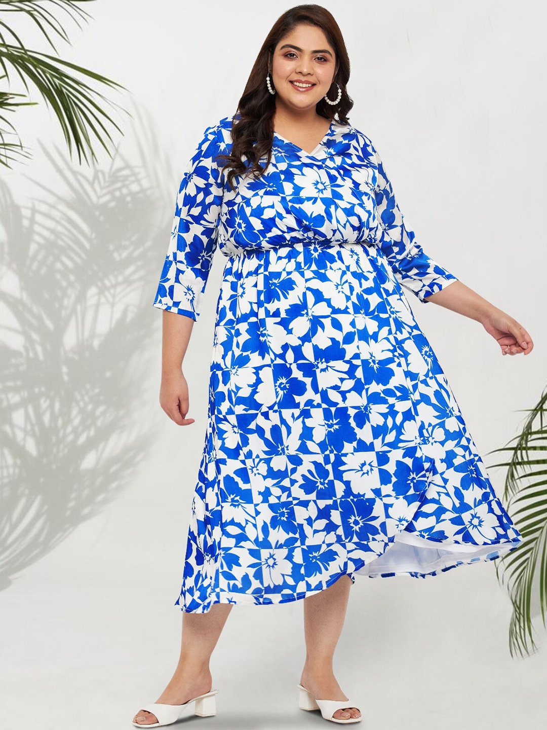 

wild U Plus Size Floral Printed Wrap Midi Dress, Blue