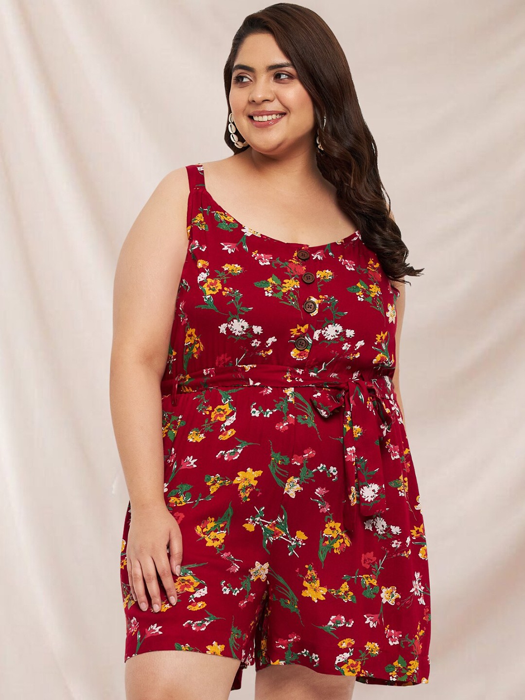 

wild U Plus Size Floral Printed Playsuit, Maroon