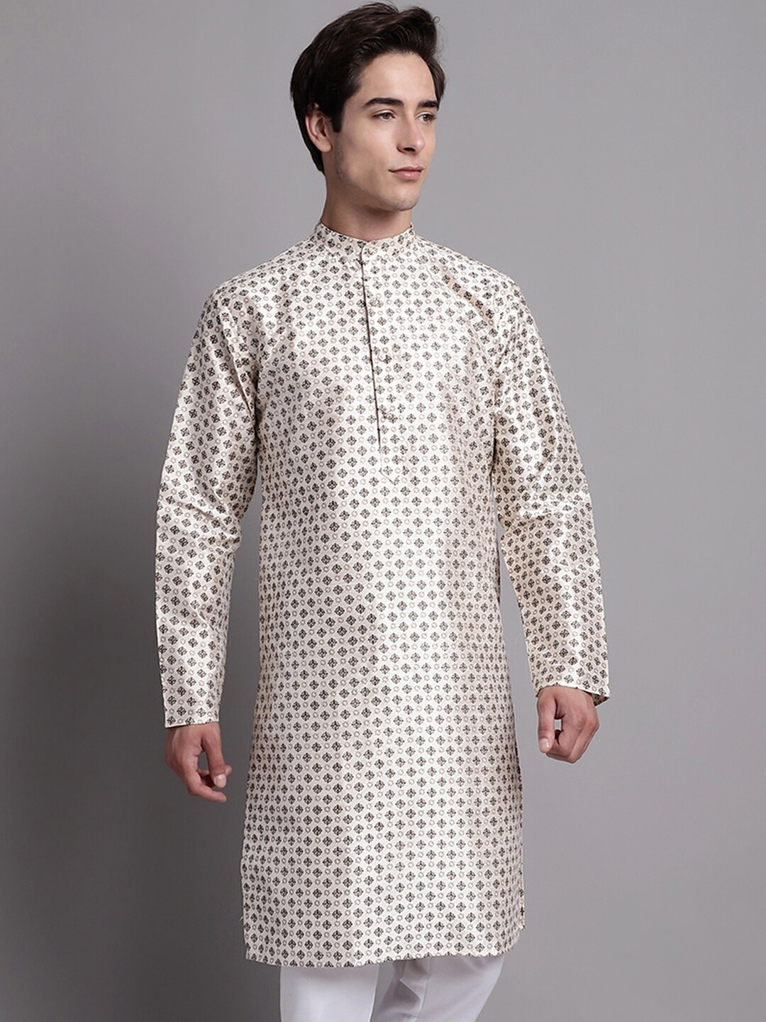 

Jompers Ethnic Motifs Printed Band Collar Cotton Silk Kurta, Off white