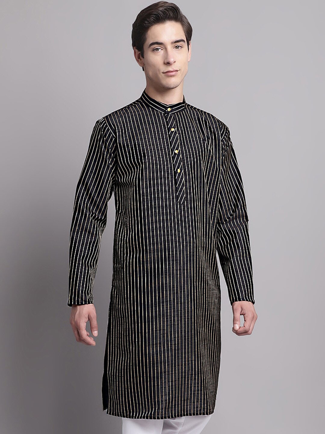 

Jompers Striped Thread Work Cotton Silk Kurta, Black