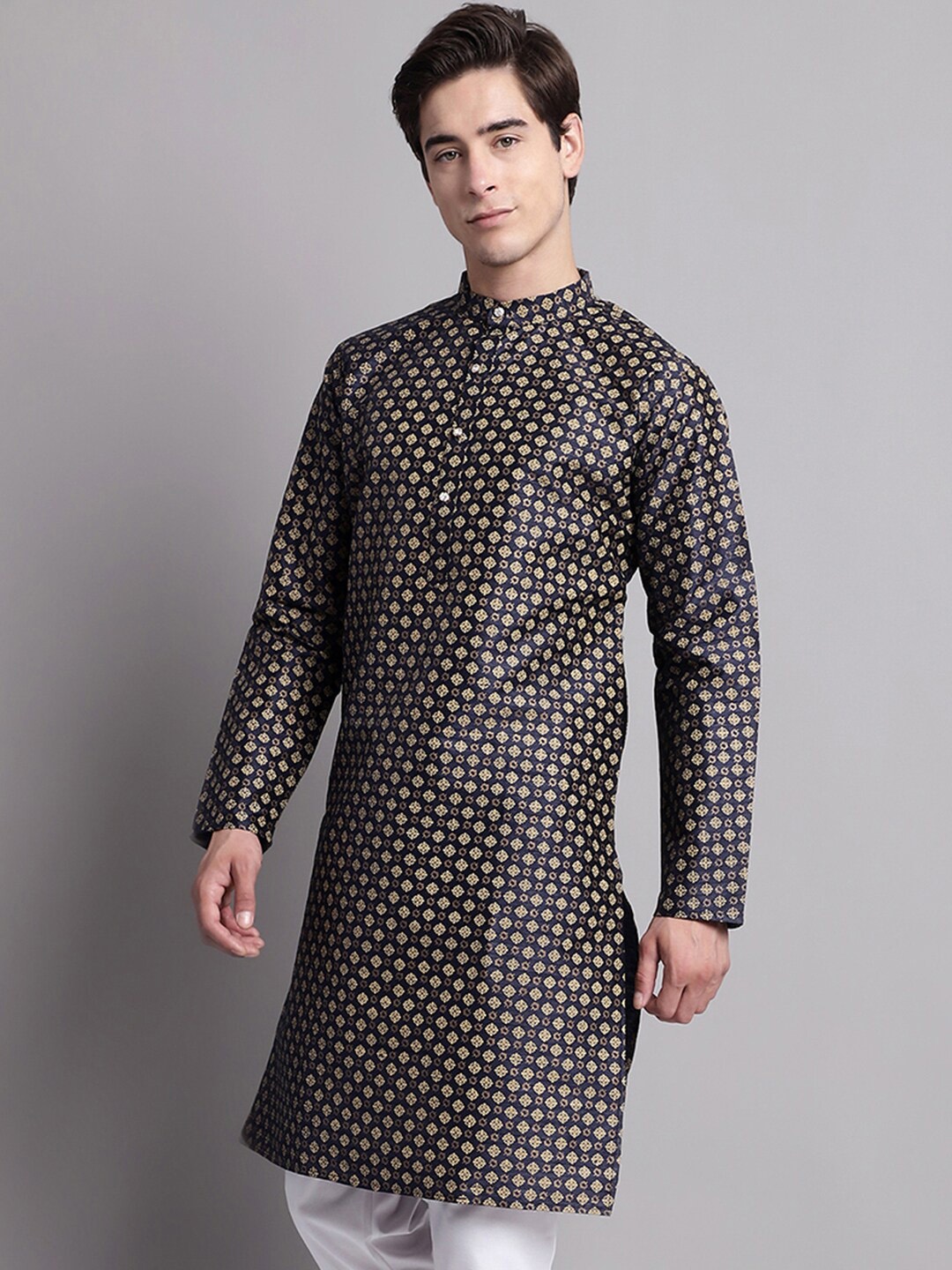 Jompers Ethnic Motifs Printed Mandarin Collar Cotton Silk Kurta, Navy blue