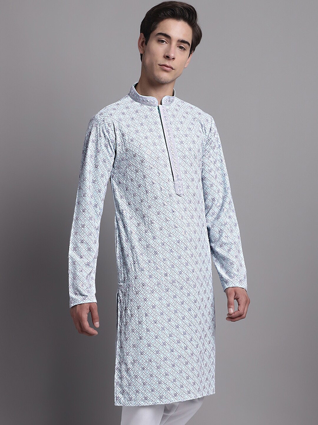 

Jompers Embroidered Mandarin Collar Pure Cotton Kurta, Blue